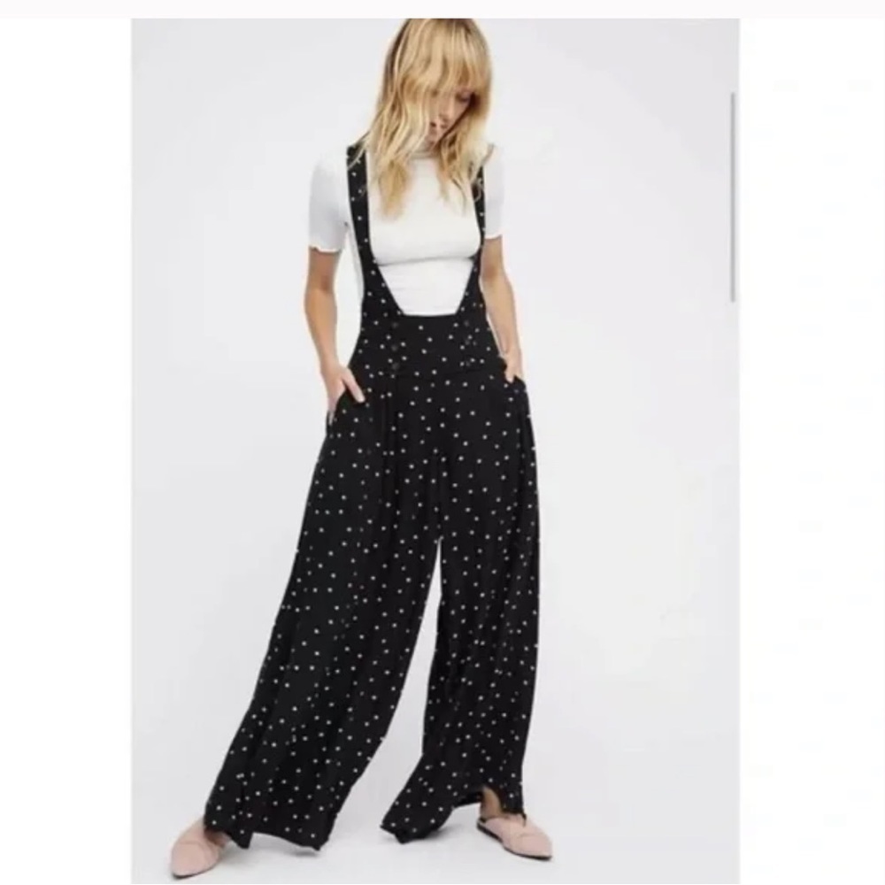 Free People Keep it Jumpin Jumper Wide Leg Overalls Black/ White Polka Dot